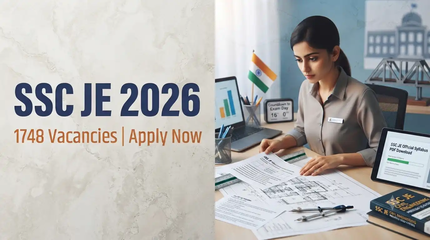 SSC JE भर्ती 2026 अधिसूचना बैनर, जूनियर इंजीनियर वैकेंसी दर्शाता हुआ इंजीनियरिंग टूल्स एवं ब्लूप्रिंट